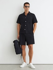 Reiss Navy Weaver Textured Piped Short-Sleeve Shirt - Image 4 of 7