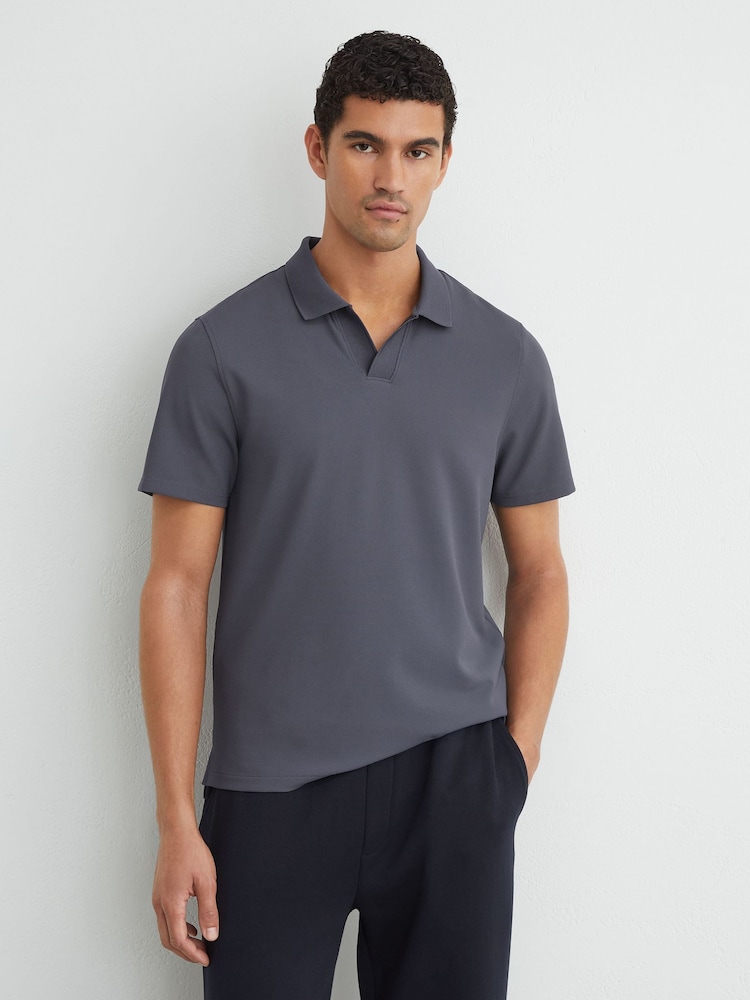 Reiss Airforce Blue Dover Textured Open-Collar Polo Shirt - Image 1 of 6 Reiss Airforce Blue Dover Textured Open-Collar Polo Shirt - Image 1 of 6