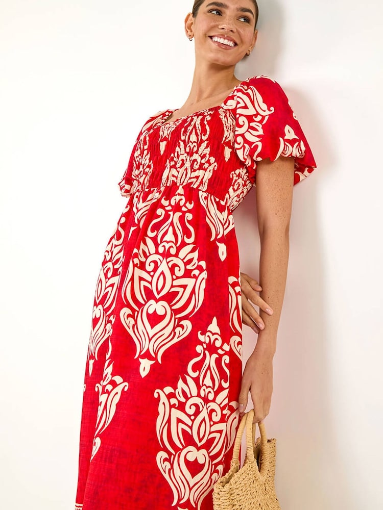 Roman Red Puff Sleeve Midi Dress - Image 1 of 5