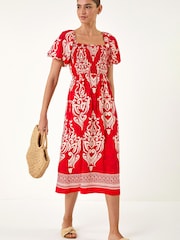 Roman Red Puff Sleeve Midi Dress - Image 2 of 5