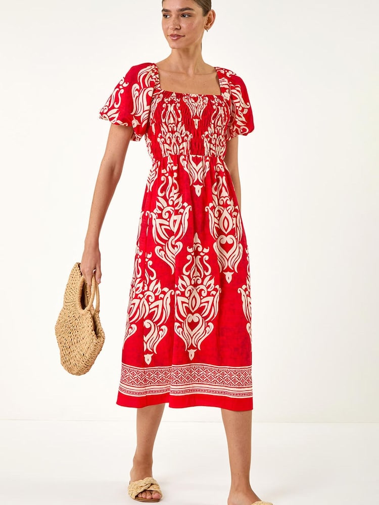 Roman Red Puff Sleeve Midi Dress - Image 2 of 5