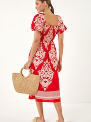 Roman Red Puff Sleeve Midi Dress - Image 3 of 5