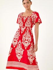 Roman Red Puff Sleeve Midi Dress - Image 4 of 5