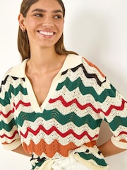Roman White Collar Wave Stripe Knit Top - Image 1 of 5