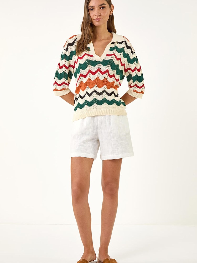 Roman White Collar Wave Stripe Knit Top - Image 2 of 5