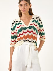 Roman White Collar Wave Stripe Knit Top - Image 4 of 5