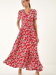 Roman Red Floral Print Button Midi Dress - Image 2 of 5