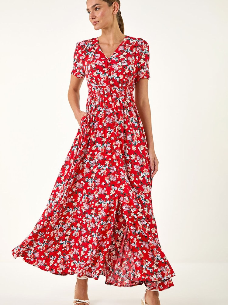 Roman Red Floral Print Button Midi Dress - Image 2 of 5