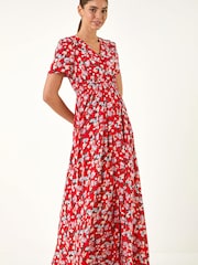 Roman Red Floral Print Button Midi Dress - Image 4 of 5