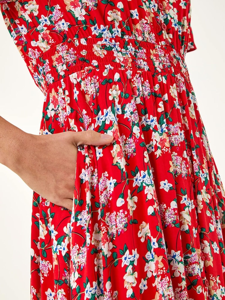 Roman Red Floral Print Button Midi Dress - Image 5 of 5