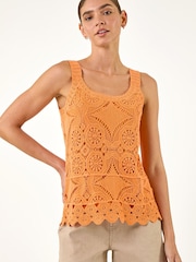 Roman Orange Cotton Crochet Knit Vest Top - Image 1 of 5