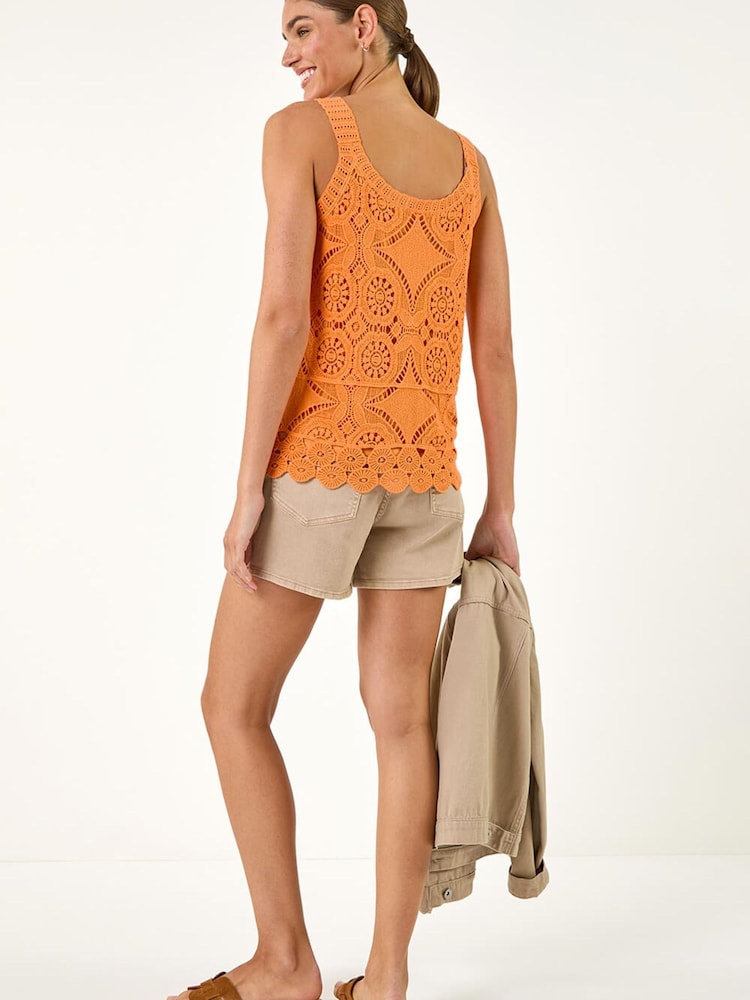 Roman Orange Cotton Crochet Knit Vest Top - Image 2 of 5