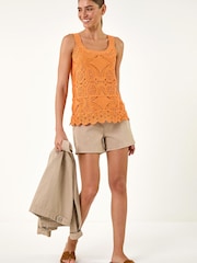 Roman Orange Cotton Crochet Knit Vest Top - Image 3 of 5