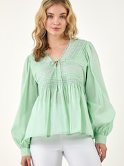 Roman Green Cotton Lace Pintuck Top - Image 4 of 5