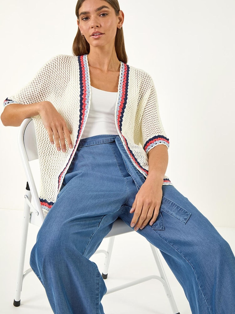 Roman White Pattern Crochet Knit Cardigan - Image 1 of 5 Roman White Pattern Crochet Knit Cardigan - Image 1 of 5