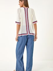 Roman White Pattern Crochet Knit Cardigan - Image 3 of 5