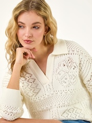 Roman White Openwork Collared Knit Jumper - Image 1 of 5