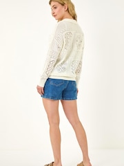 Roman White Openwork Collared Knit Jumper - Image 3 of 5