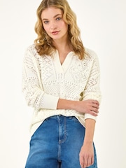 Roman White Openwork Collared Knit Jumper - Image 4 of 5