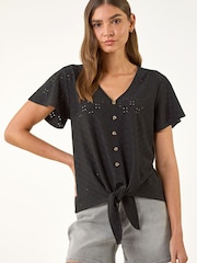 Roman Black V-Neck Broderie Stretch Jersey Tie Front Top - Image 1 of 5