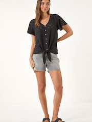 Roman Black V-Neck Broderie Stretch Jersey Tie Front Top - Image 2 of 5