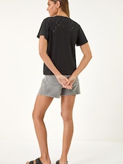 Roman Black V-Neck Broderie Stretch Jersey Tie Front Top - Image 3 of 5