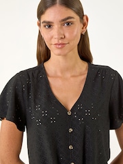 Roman Black V-Neck Broderie Stretch Jersey Tie Front Top - Image 4 of 5