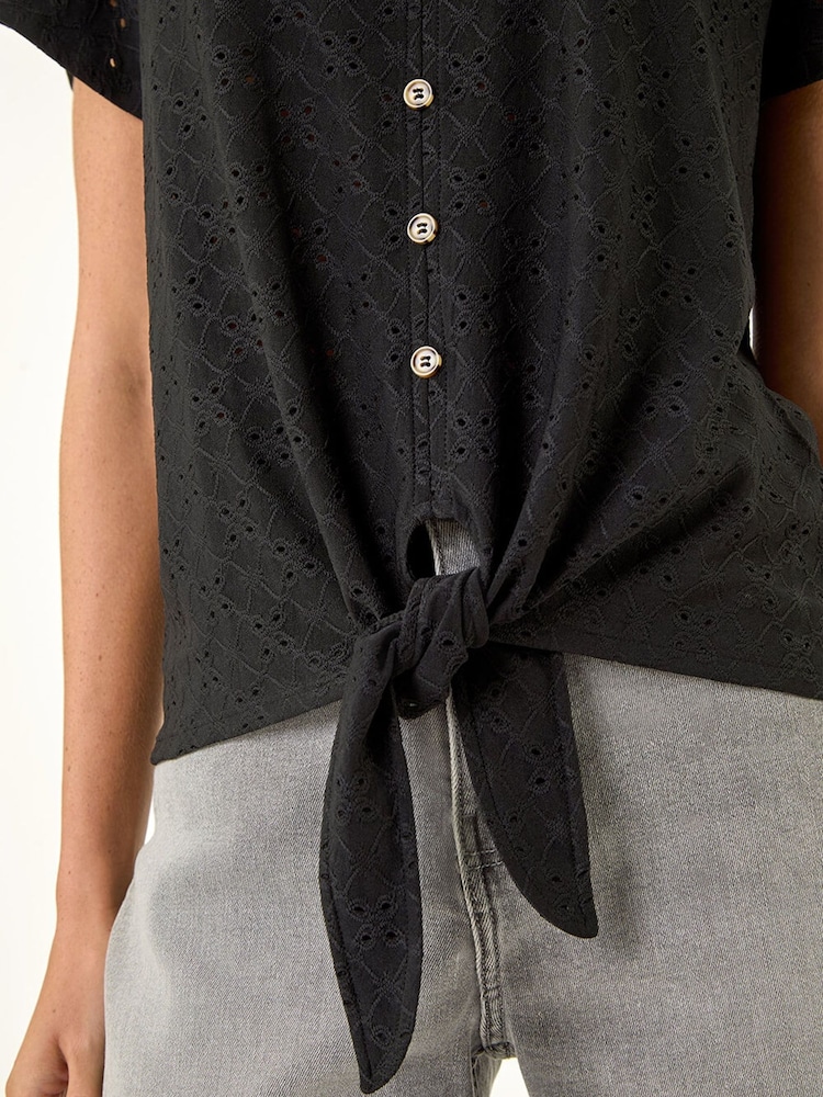 Roman Black V-Neck Broderie Stretch Jersey Tie Front Top - Image 5 of 5