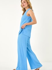 Roman Blue Textured Wide Leg Stretch Trousers - Image 1 of 5