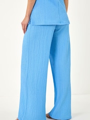 Roman Blue Textured Wide Leg Stretch Trousers - Image 3 of 5
