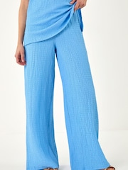 Roman Blue Textured Wide Leg Stretch Trousers - Image 4 of 5