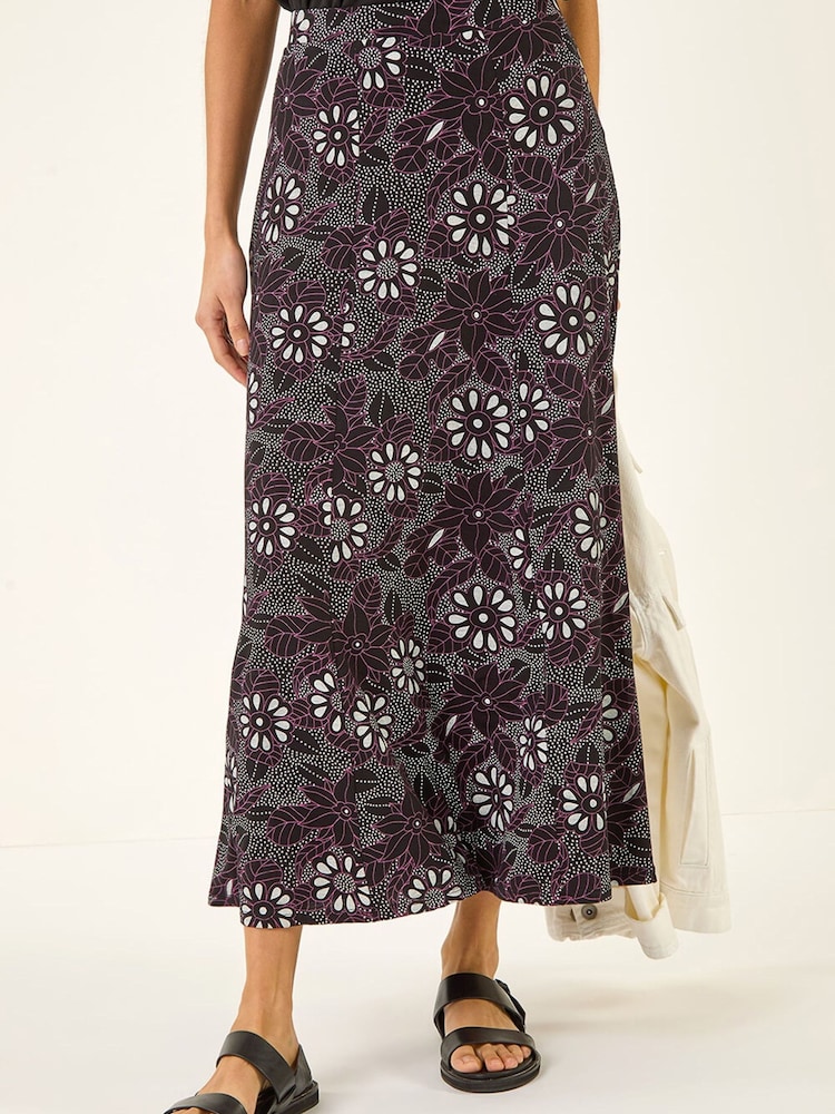 Roman Black Fruit Floral Print Midi Skirt - Image 1 of 5