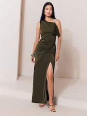 Olive Satin Diamante Trim Drop Shoulder Maxi Dress - Image 1 of 5