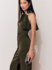 Olive Satin Diamante Trim Drop Shoulder Maxi Dress - Image 2 of 5