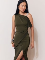 Olive Satin Diamante Trim Drop Shoulder Maxi Dress - Image 3 of 5