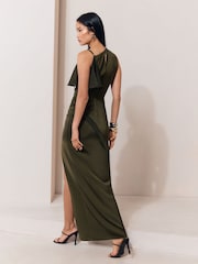 Olive Satin Diamante Trim Drop Shoulder Maxi Dress - Image 5 of 5