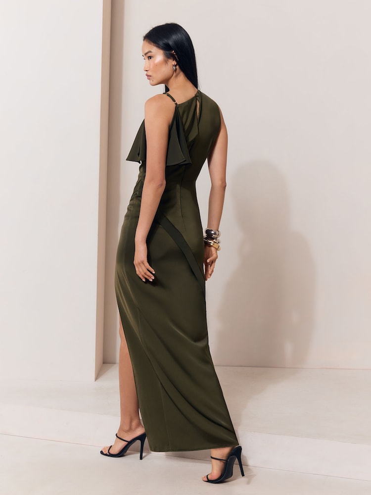 Olive Satin Diamante Trim Drop Shoulder Maxi Dress - Image 5 of 5 Olive Satin Diamante Trim Drop Shoulder Maxi Dress - Image 5 of 5