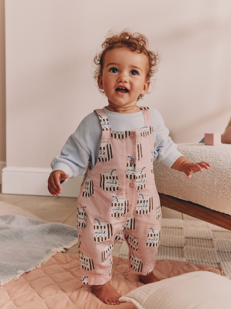 Pink Milk Club Baby Long Sleeve Bodysuit And Woven Dungarees Set 2 Piece (0mths-2yrs) - Image 1 of 11 Pink Milk Club Baby Long Sleeve Bodysuit And Woven Dungarees Set 2 Piece (0mths-2yrs) - Image 1 of 11