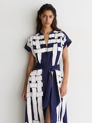Reiss Navy/Ivory Samira Scarf-Print Belted Midi Dress - Image 1 of 8