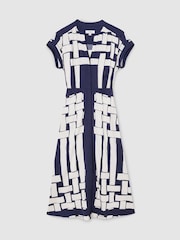 Reiss Navy/Ivory Samira Scarf-Print Belted Midi Dress - Image 2 of 8