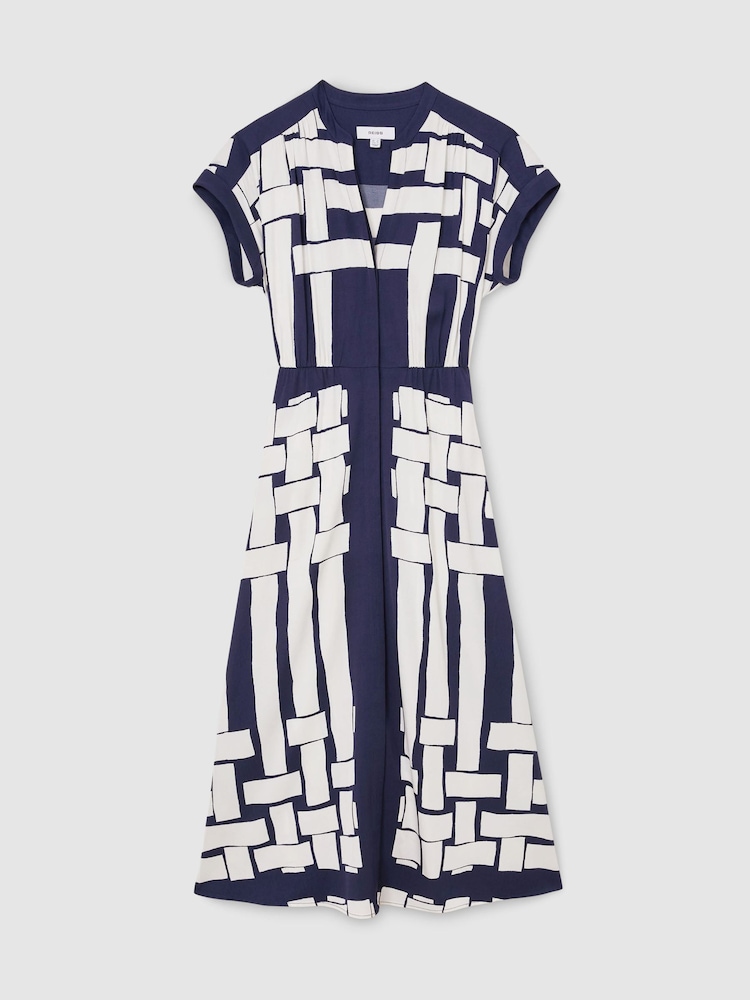 Reiss Navy/Ivory Samira Scarf-Print Belted Midi Dress - Image 2 of 8