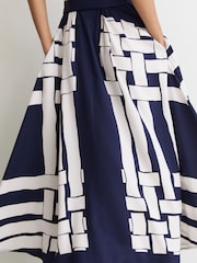 Reiss Navy/Ivory Samira Scarf-Print Belted Midi Dress - Image 6 of 8