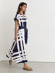 Reiss Navy/Ivory Samira Scarf-Print Belted Midi Dress - Image 7 of 8