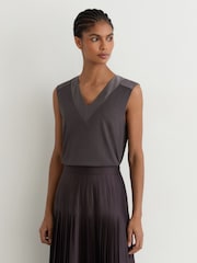 Reiss Grape Burgundy Kallie Cotton-Modal Silk-Trim Sleeveless Top - Image 5 of 6