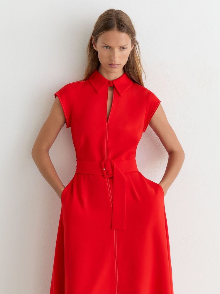 Reiss Red Sloane Collared Belted Midi Dress - Image 1 of 6