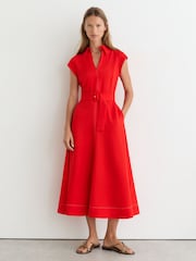 Reiss Red Sloane Collared Belted Midi Dress - Image 4 of 6