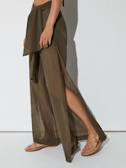 Reiss Khaki Green Gemma Cotton-Blend Plissé Resort Trousers - Image 4 of 6