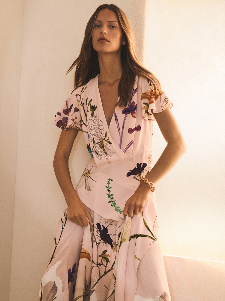 Reiss Pale Pink Verity Reiss | NYBG Printed Handkerchief-Hem Dress - Image 1 of 8 Reiss Pale Pink Verity Reiss | NYBG Printed Handkerchief-Hem Dress - Image 1 of 8