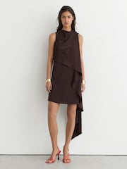 Reiss Chocolate Brown Wrenley Drape-Detail Layered Mini Dress - Image 1 of 7