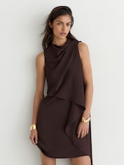 Reiss Chocolate Brown Wrenley Drape-Detail Layered Mini Dress - Image 4 of 7